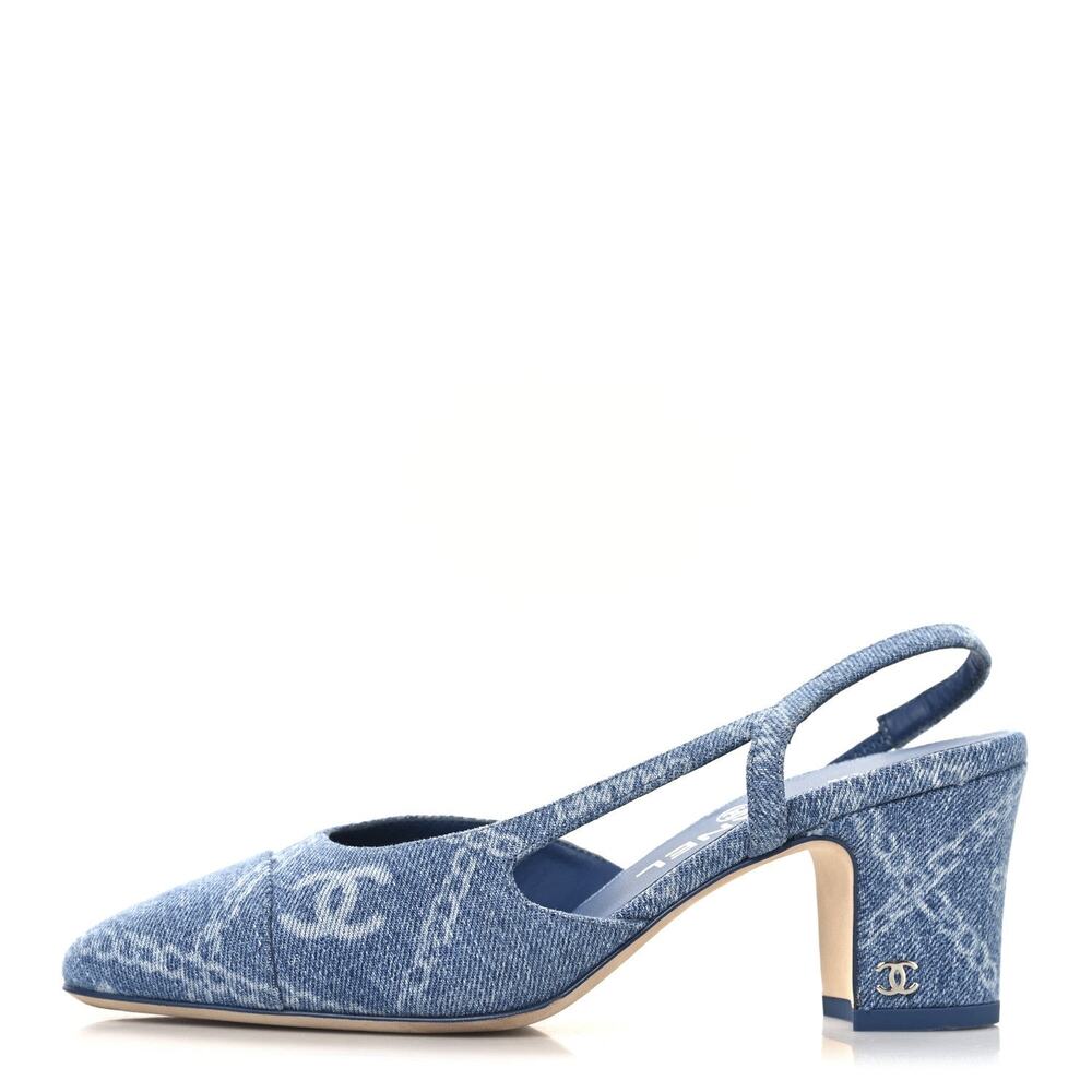 Chanel CC Coco Denim Cap Toe Blue Denim Mary Jane Slingback Pumps 39